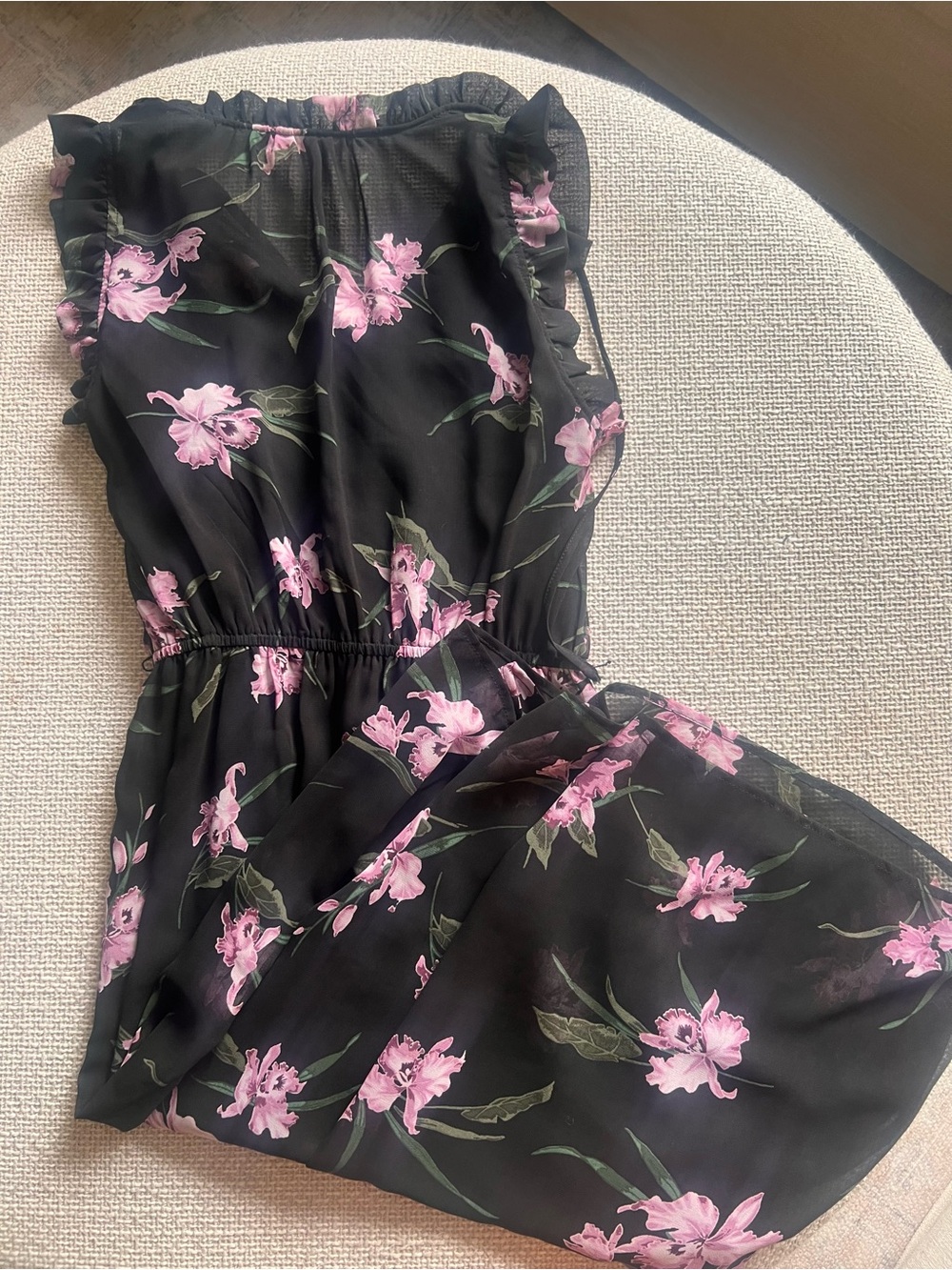 Black Pink Floral Midi Dress XS Ruffle High Neck Tie Front